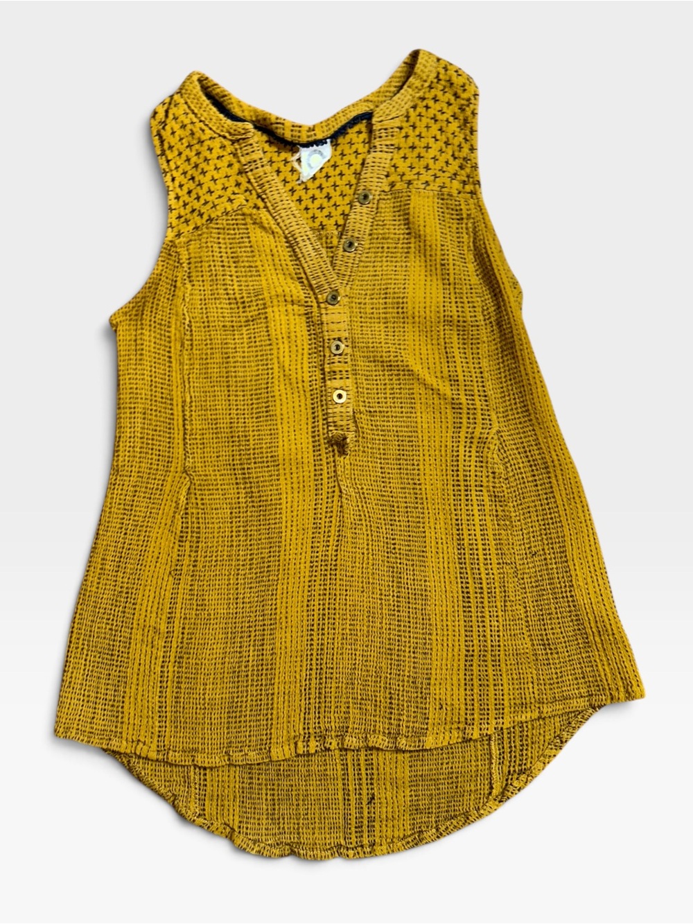 Akemi & Kin Anthropologie Mustard Textured Cross Stitch Swing Blouse Sz S